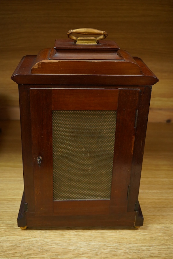 An early 20th century mahogany mantel clock, the dial inscribed Hyde & Sons, Sleaford, 41cm high